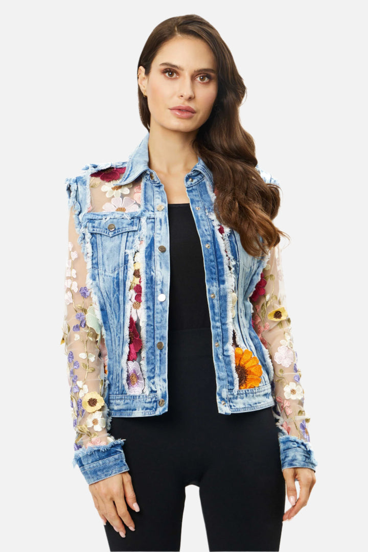 3D Spring Flower Embroidered Sheer Denim Jacket