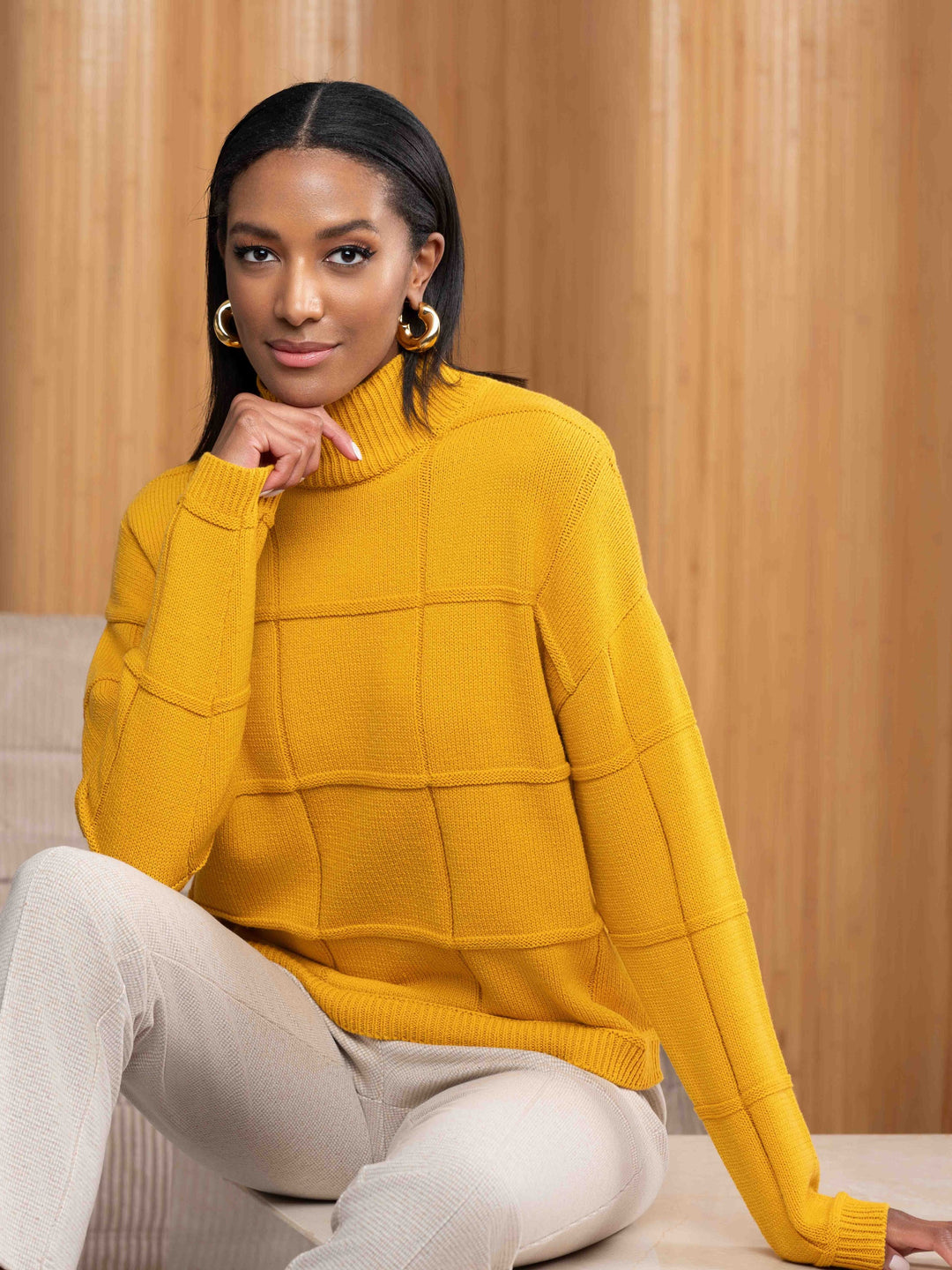 Amber Windowpane Mock Neck Sweater