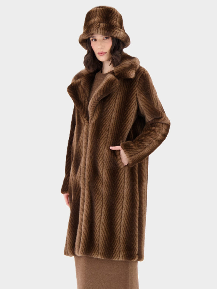 Bark Herringbone Stripe Faux Fur Coat