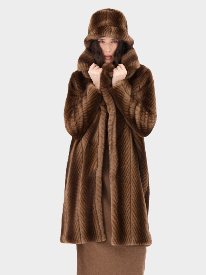 Bark Herringbone Stripe Faux Fur Coat