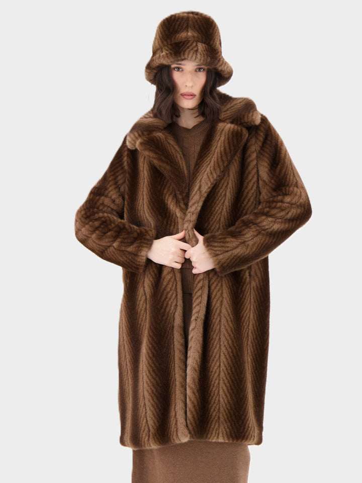 Bark Herringbone Stripe Faux Fur Coat