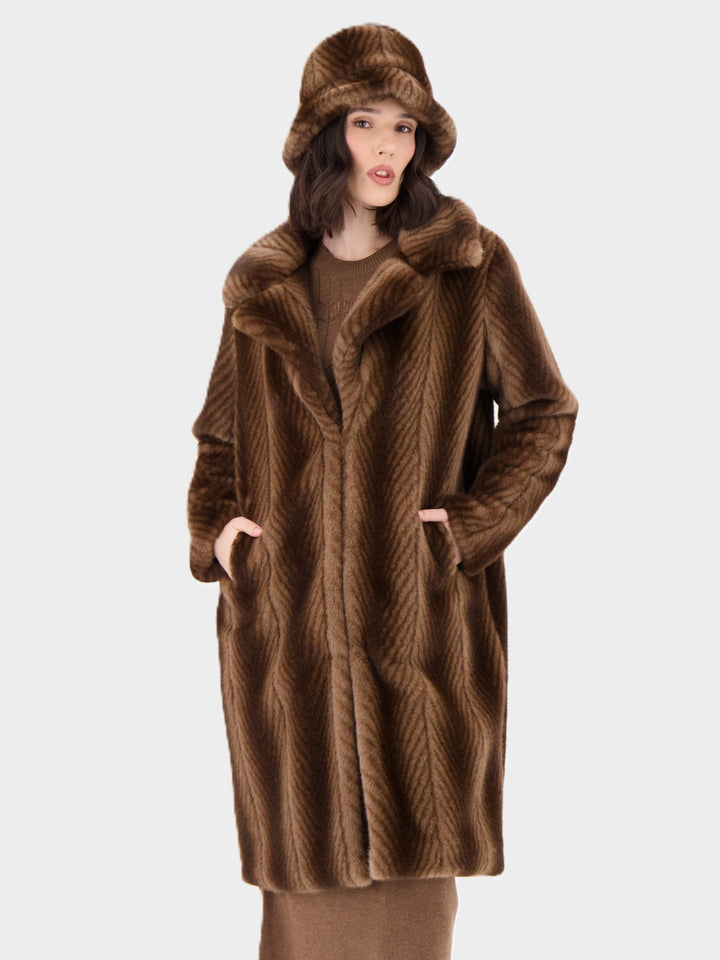 Bark Herringbone Stripe Faux Fur Coat