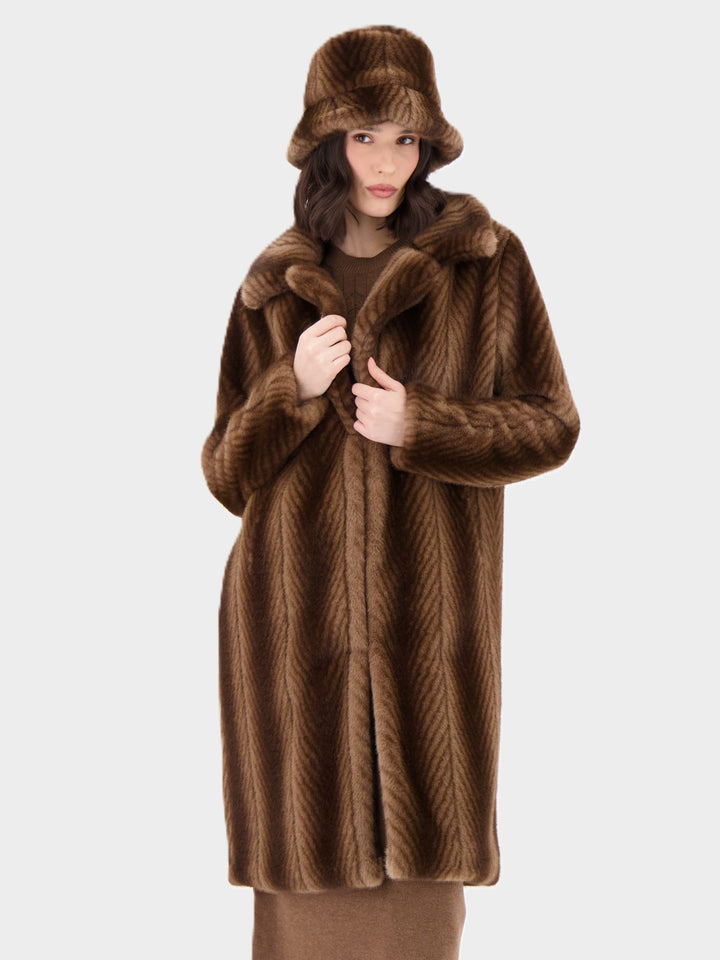Bark Herringbone Stripe Faux Fur Coat