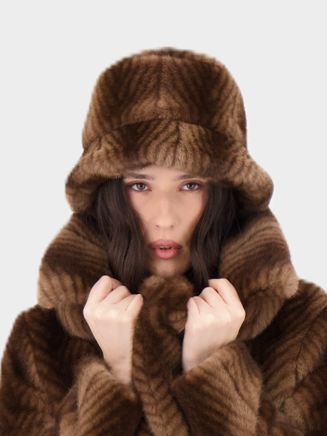 Bark Herringbone Stripe Faux Fur Hat