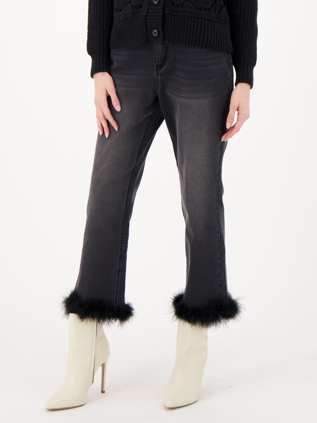 Black Removeable Faux Fur Hem Jean
