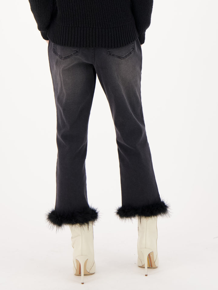 Black Removeable Faux Fur Hem Jean