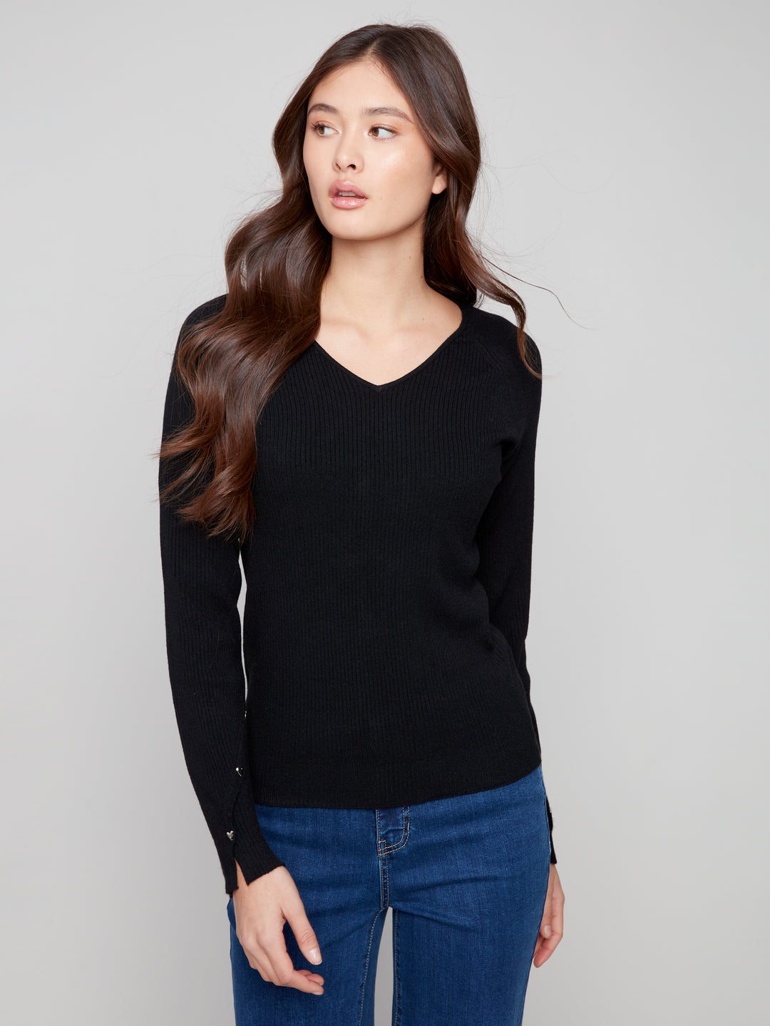 Black Ribbed V-Neck Sweater
