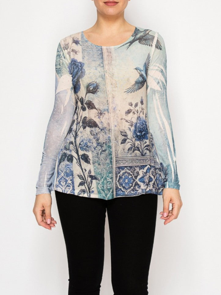 Blue Bird Long Sleeve Mesh Top with Sparkly Accents