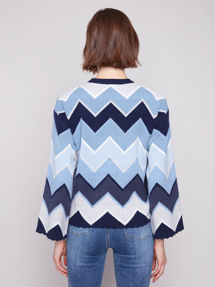 Blue Chevron Bell Sleeve Sweater
