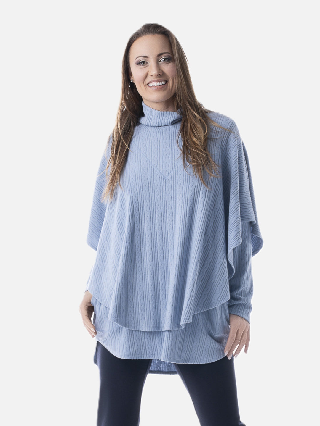 Blue Fluffy Cable Two-Piece Poncho Top