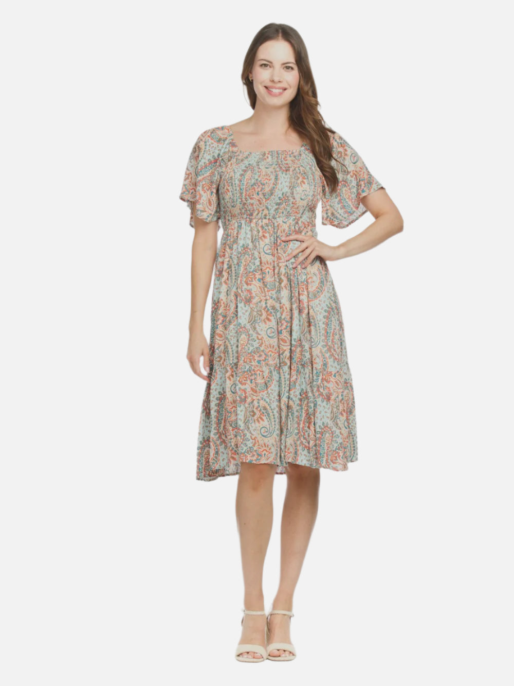 Blue Paisley Floral Print Smocked Dress