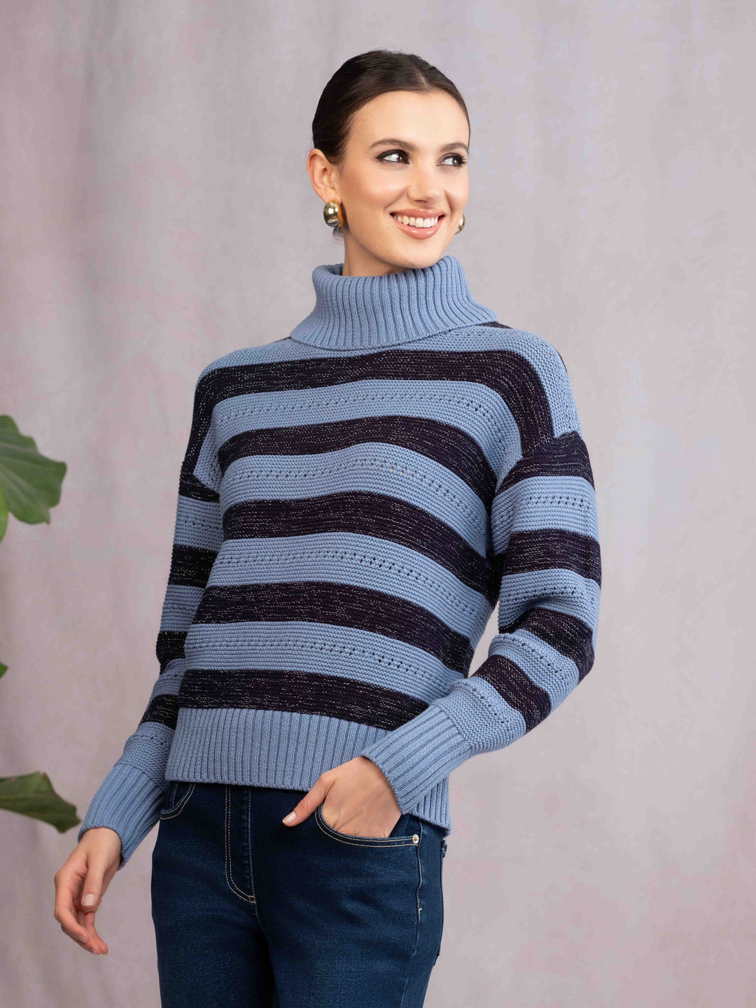 Blue Striped Turtleneck Sweater