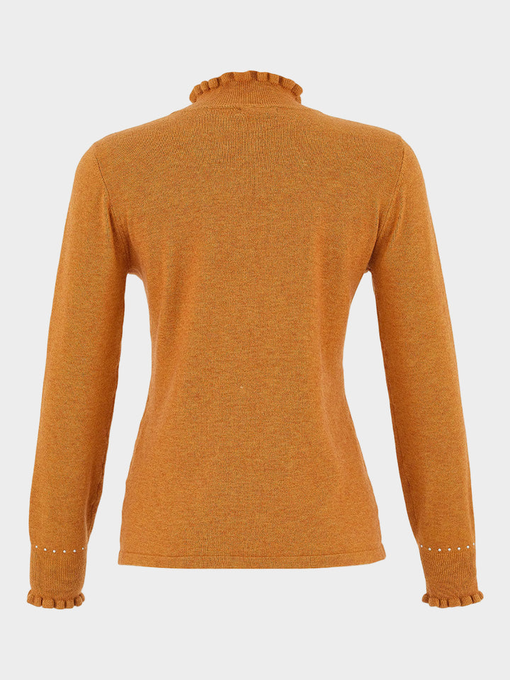 Camel Pearl Embellished Mock Neck Sweater