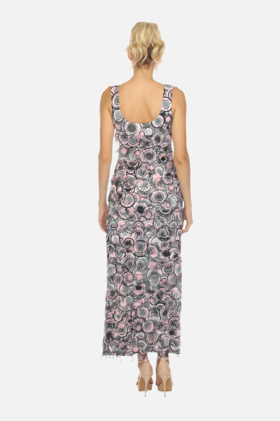 Circle Print Long Mesh Ruffle Dress