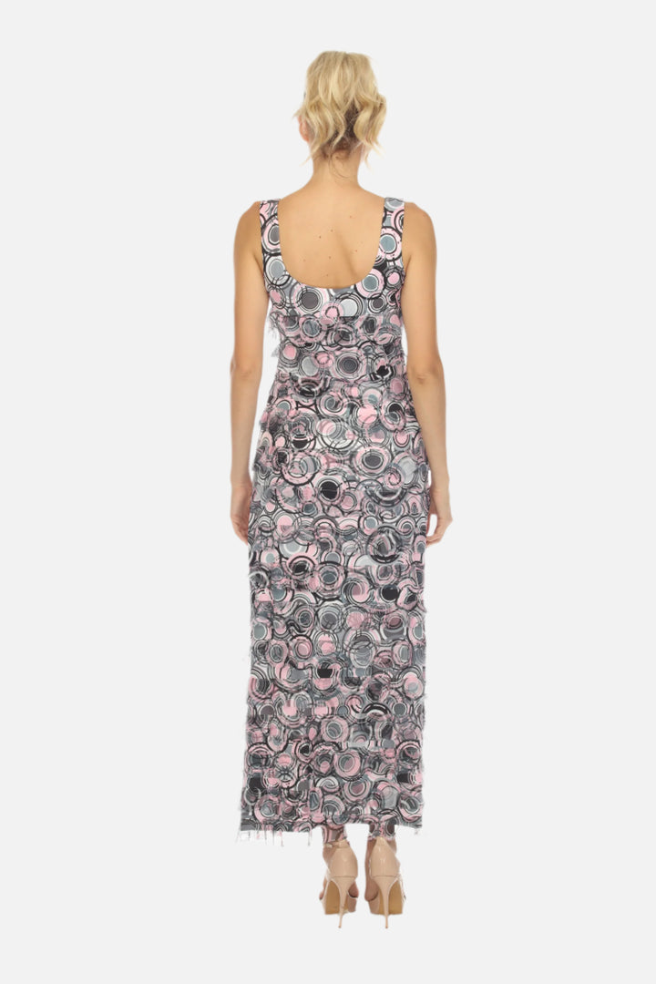 Circle Print Long Mesh Ruffle Dress