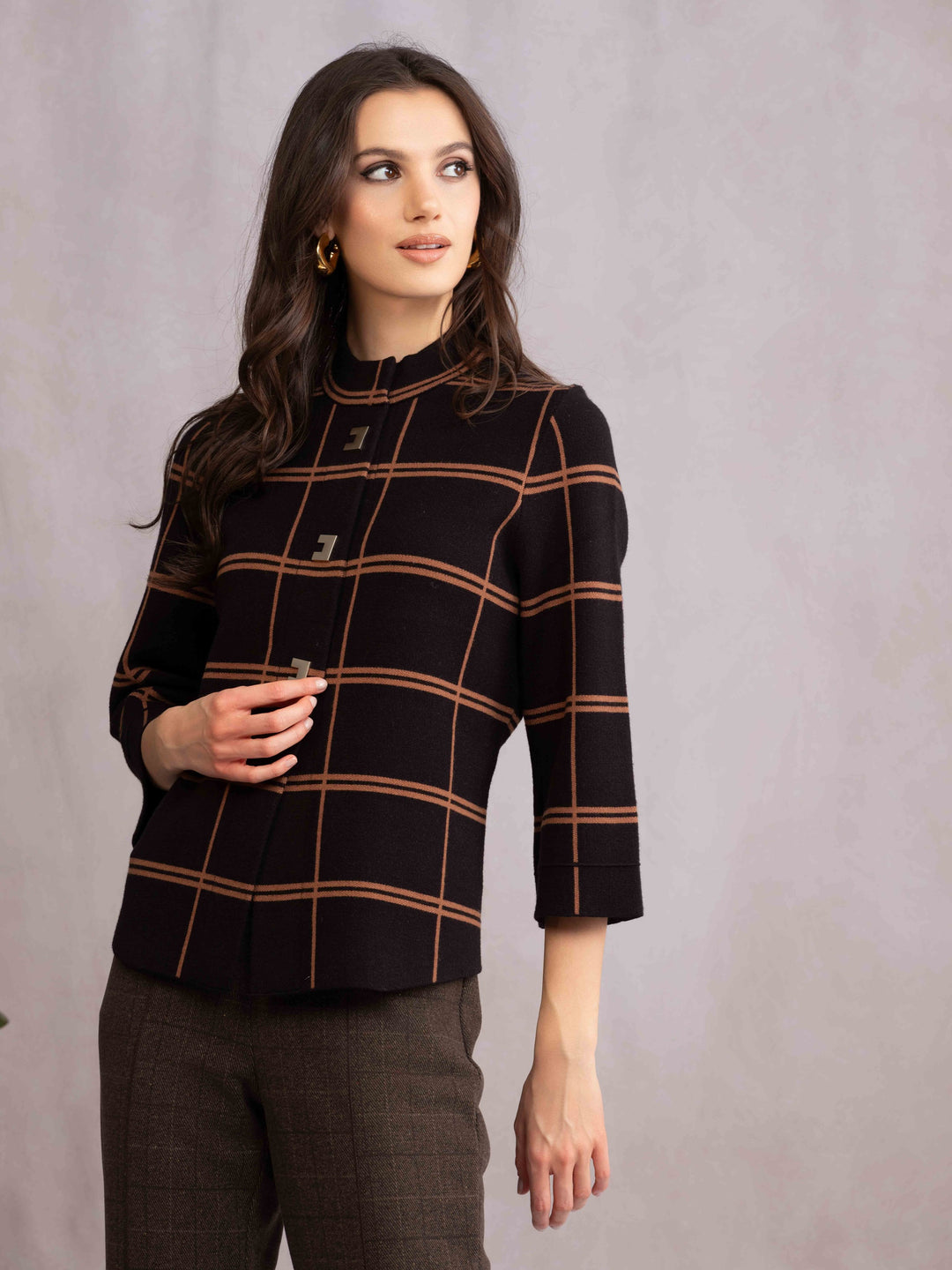 Classy Camel Check Cardigan