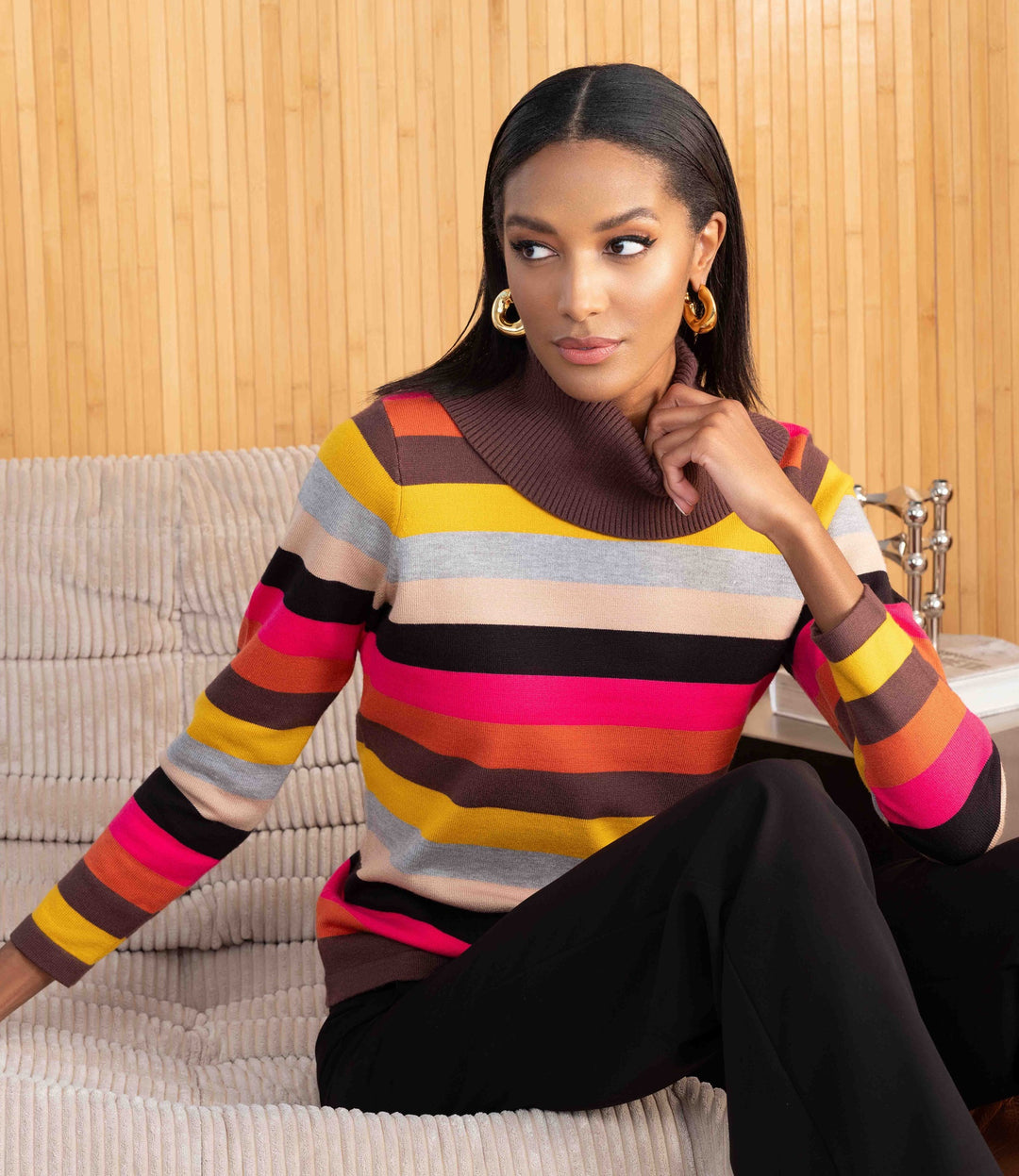 Colourful Autumn Tone Striped Turtleneck Sweater