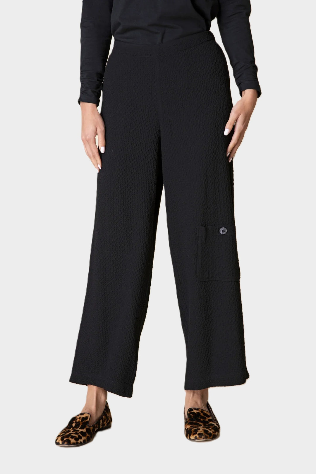 Crinkle Crepe Black Flat Front Ankle Pant