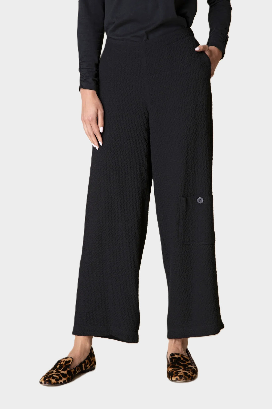 Crinkle Crepe Black Flat Front Ankle Pant