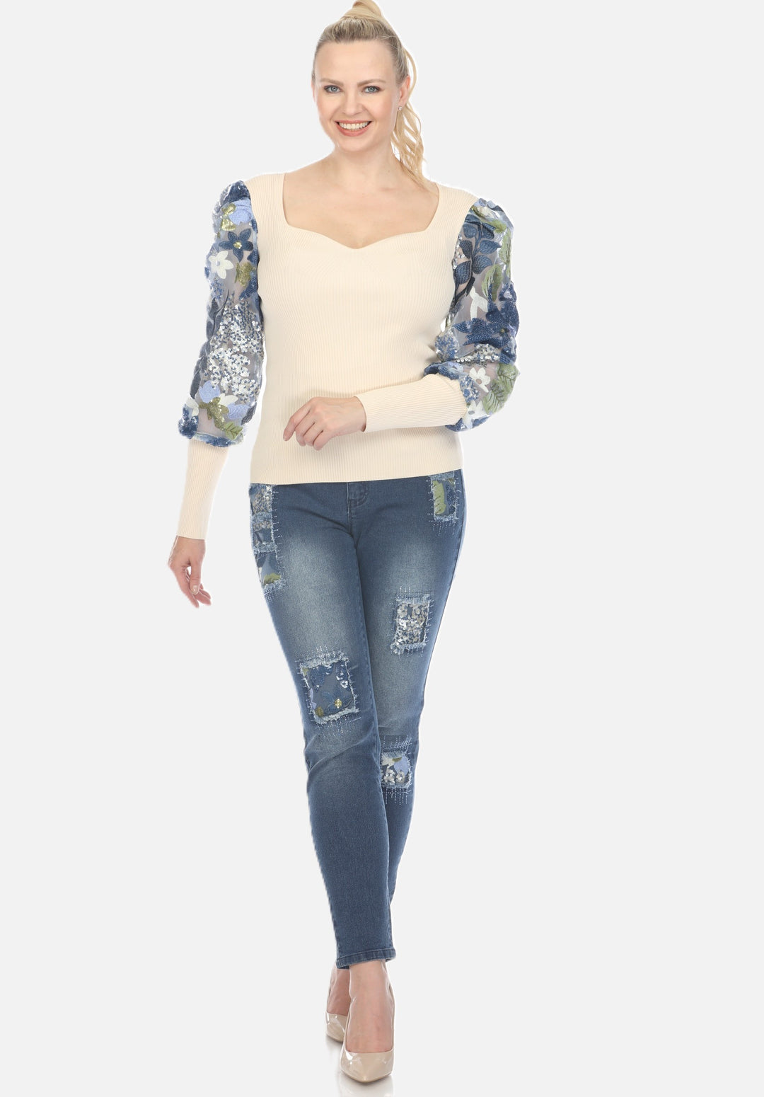 Dee Sequin Floral Applique Patch Jean