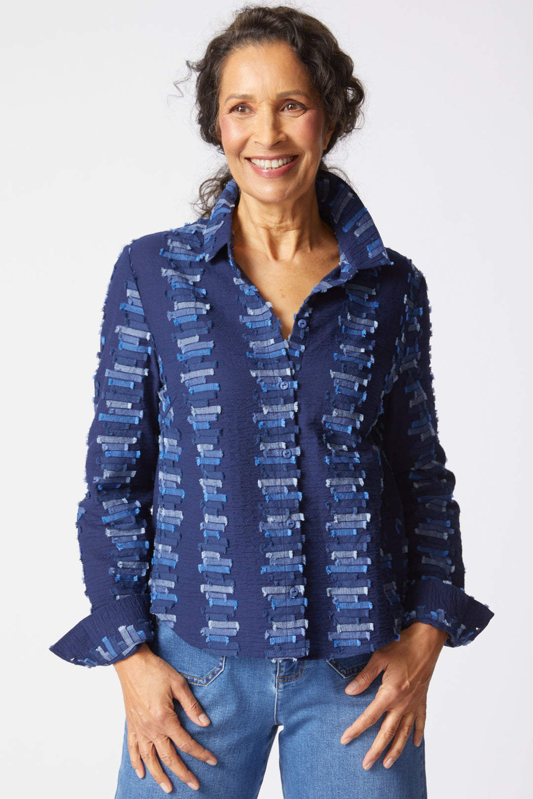 Embroidered Cotton Navy Shaped Hem Shirt