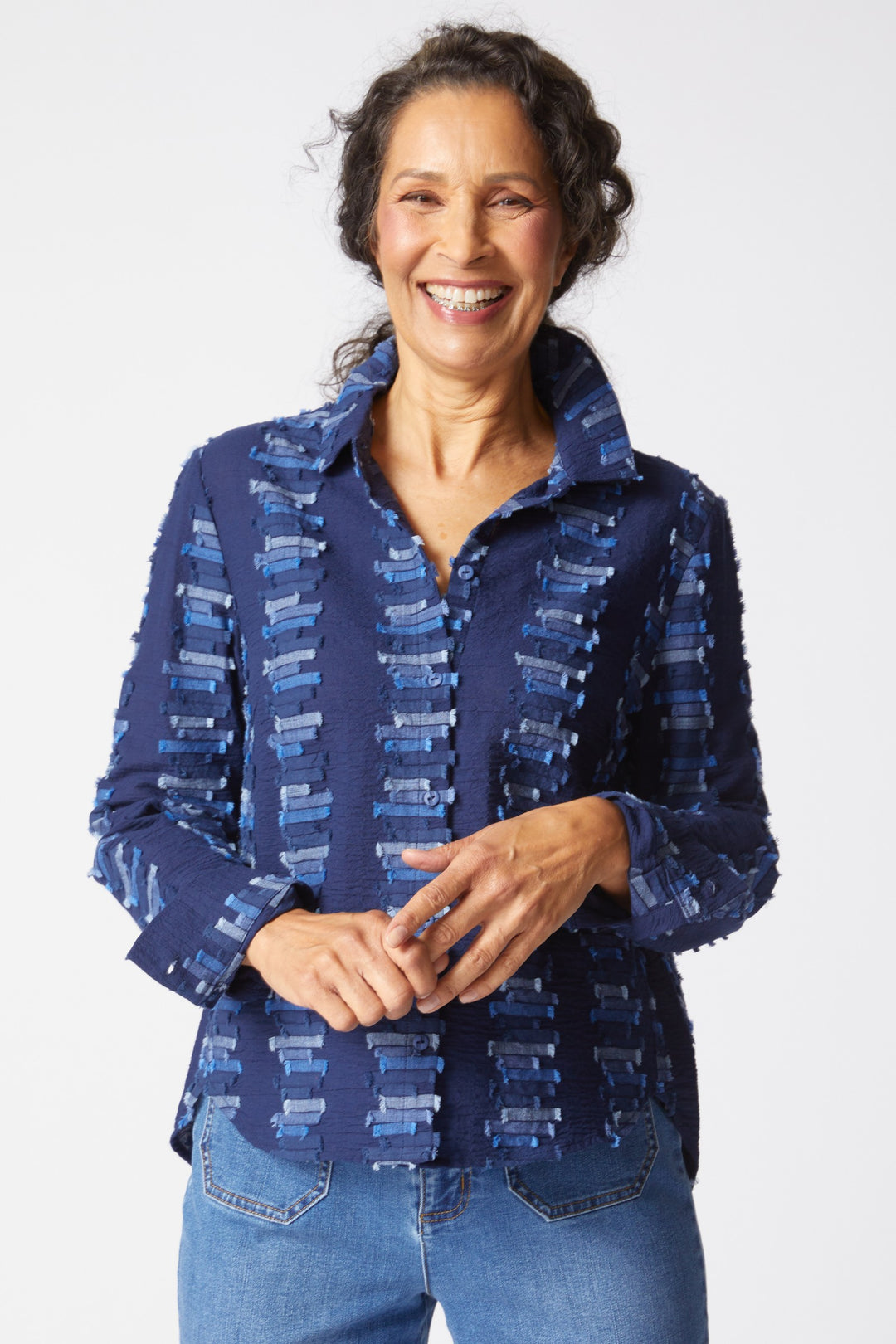 Embroidered Cotton Navy Shaped Hem Shirt