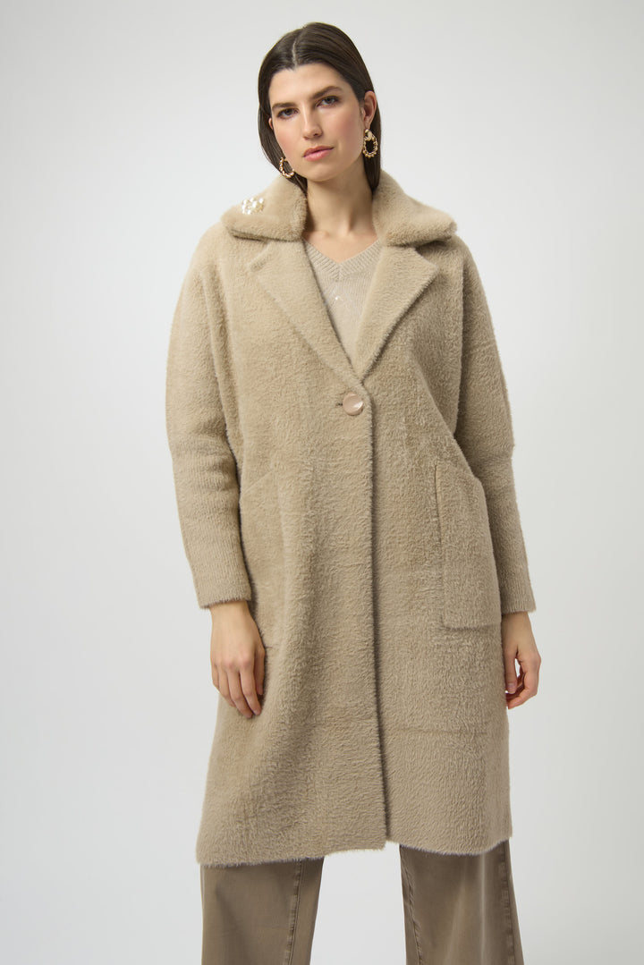 Fawn Pearl Embellished Feather Yarn Sweater Coat