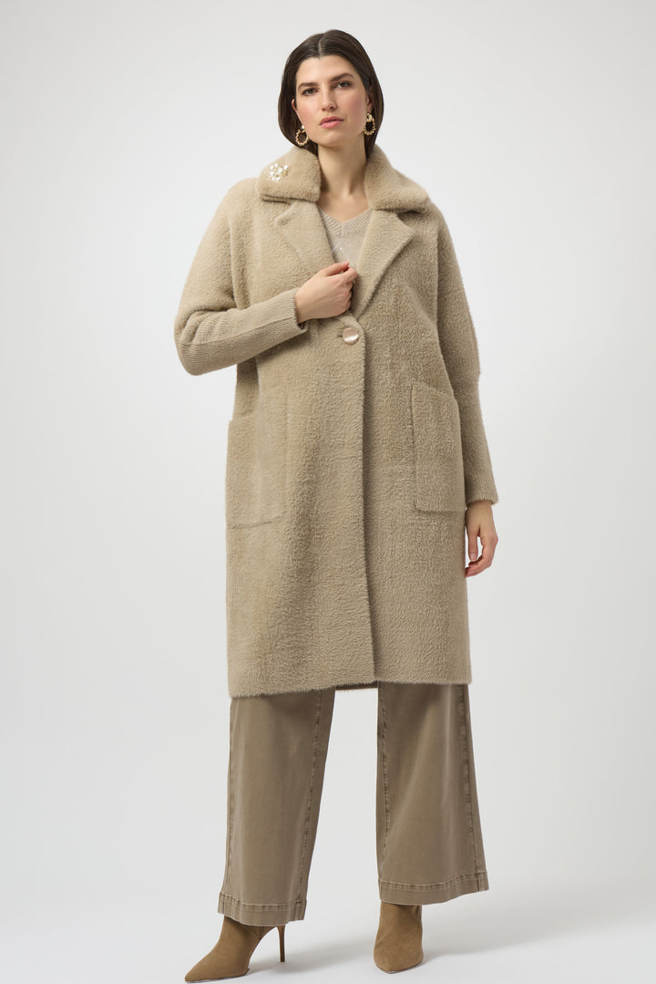 Fawn Pearl Embellished Feather Yarn Sweater Coat