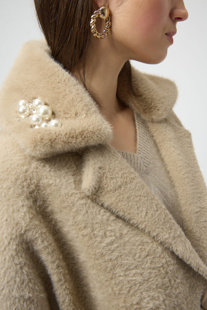 Fawn Pearl Embellished Feather Yarn Sweater Coat