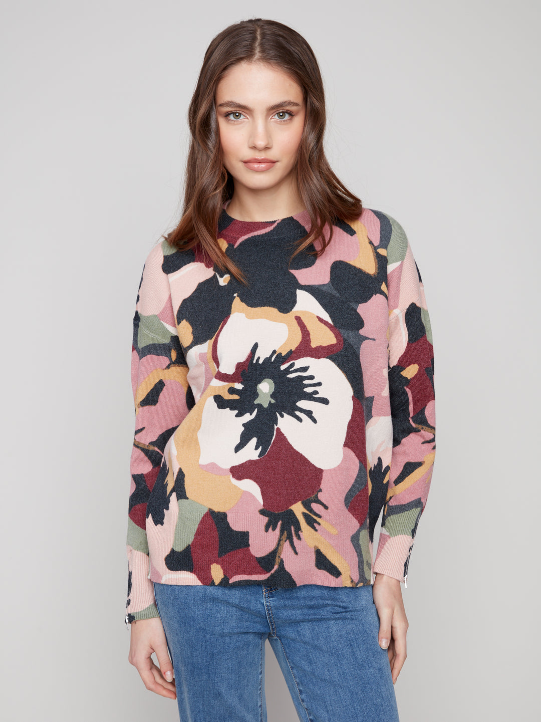 Flowery Print Zip Detail Sweater