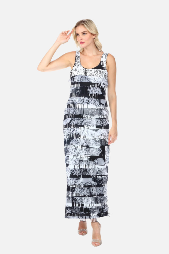 Geo Print Mesh Layered Ruffle Maxi Dress