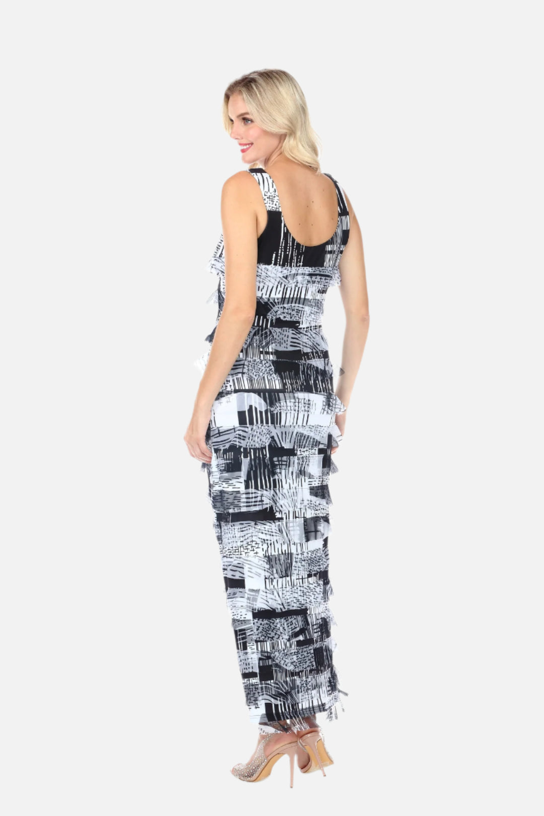 Geo Print Mesh Layered Ruffle Maxi Dress
