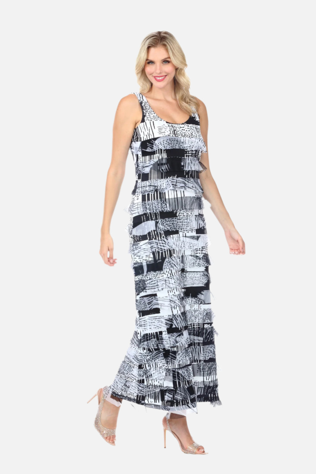 Geo Print Mesh Layered Ruffle Maxi Dress
