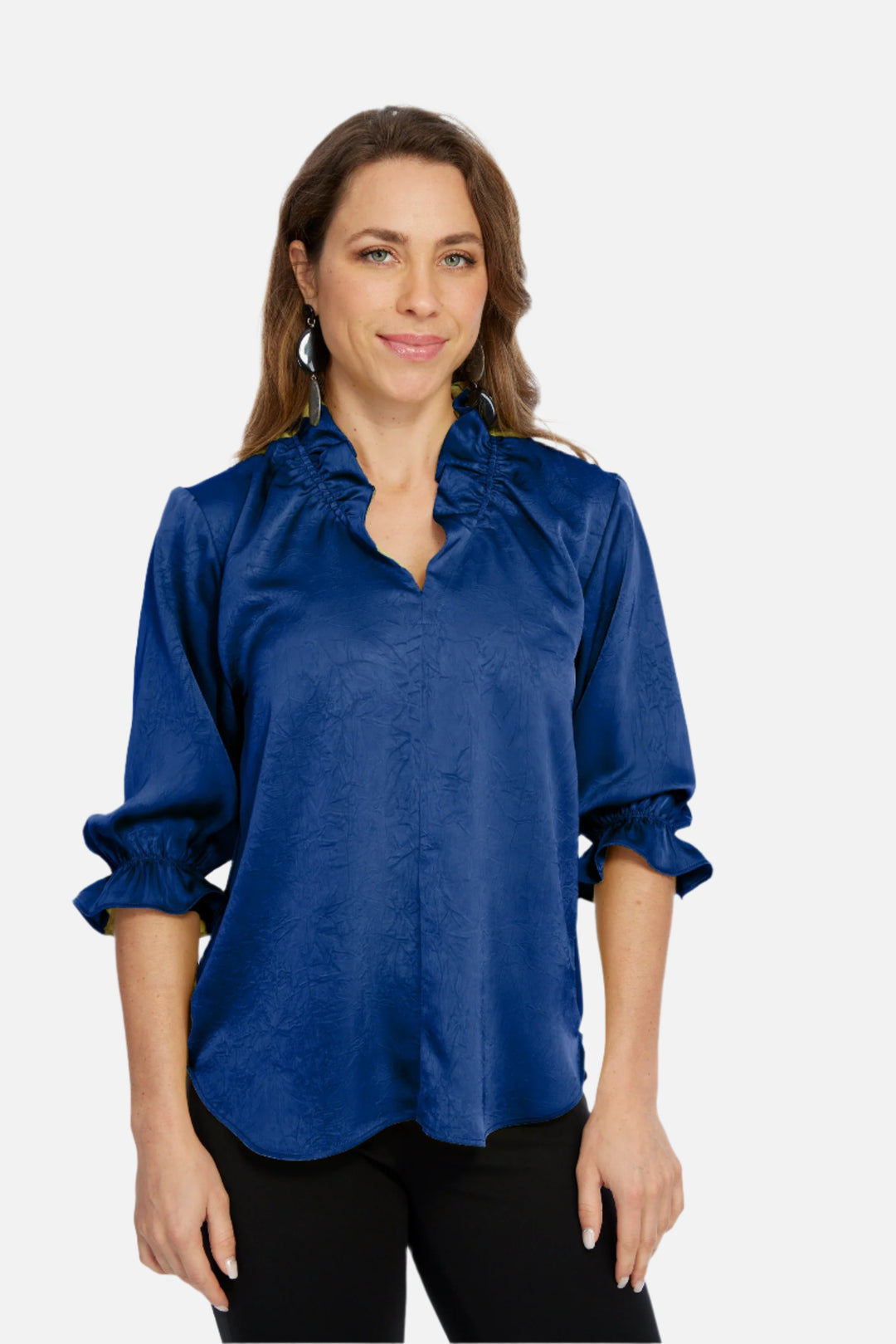 Hailey Jewel Blue Ruffle Neck Brushed Satin Blouse