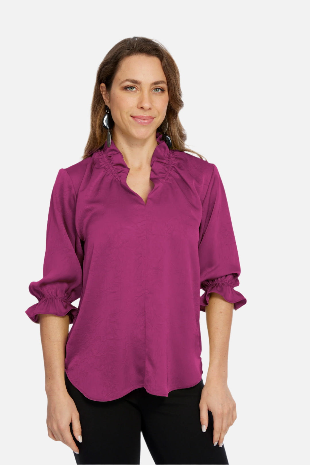 Hailey Magenta Ruffle Neck Brushed Satin Blouse