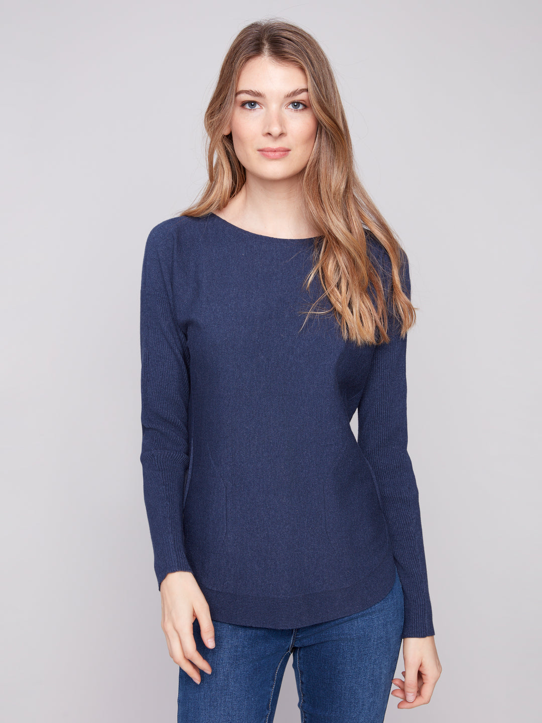 Heather Denim Lace-Up Back Plushy Knit Sweater