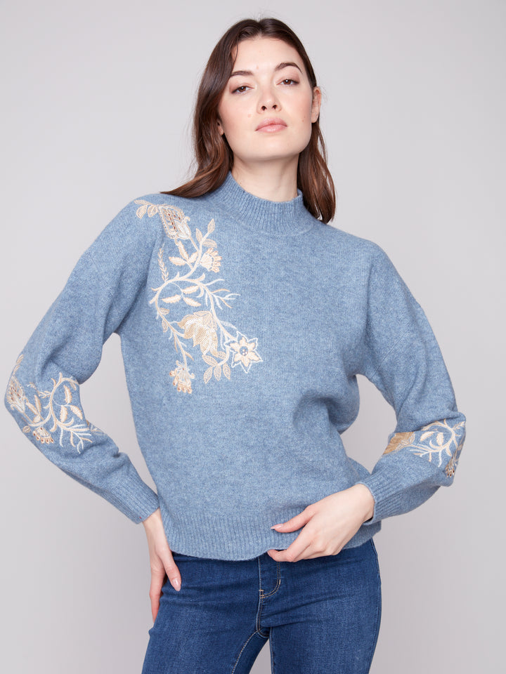 Heather Denim Sequin Embroidered Sweater