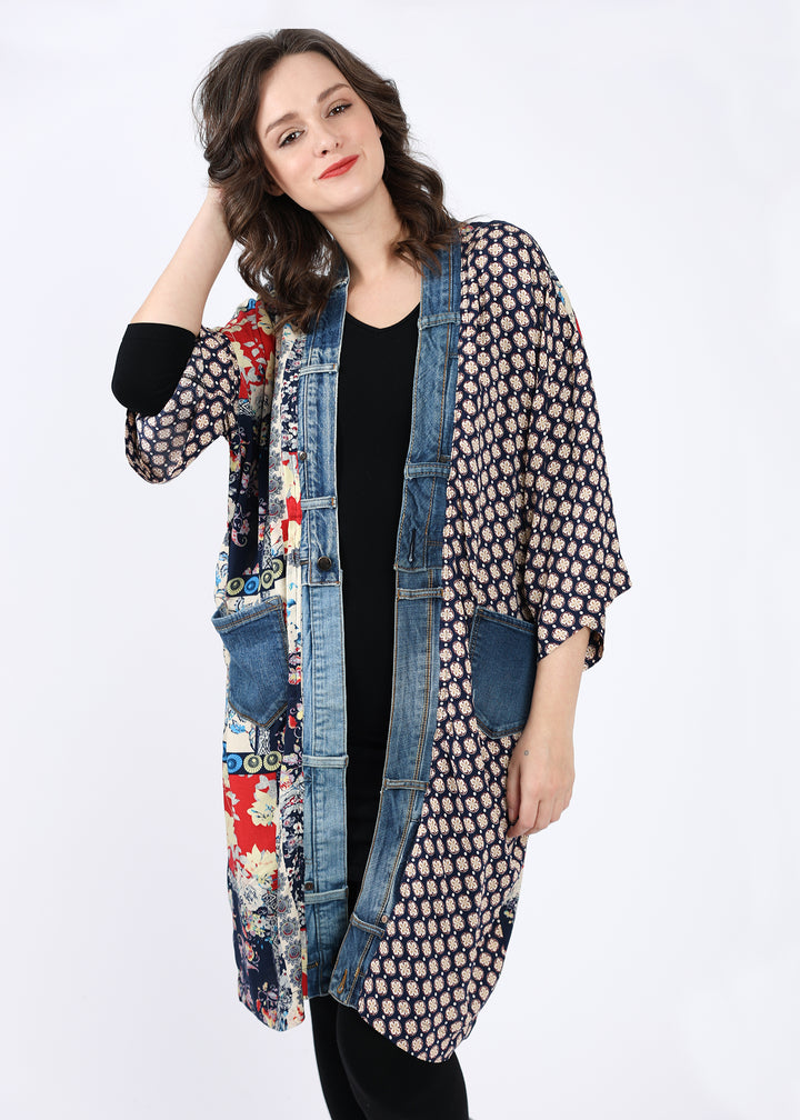 Janis Navy Mix Denim Detail Duster Cardigan