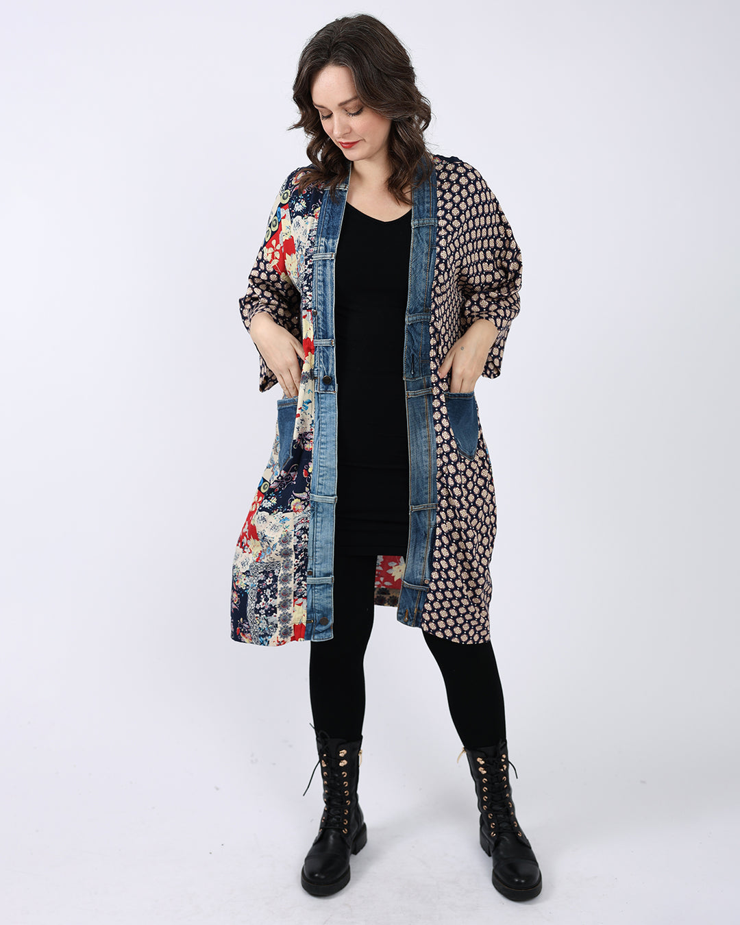 Janis Navy Mix Denim Detail Duster Cardigan