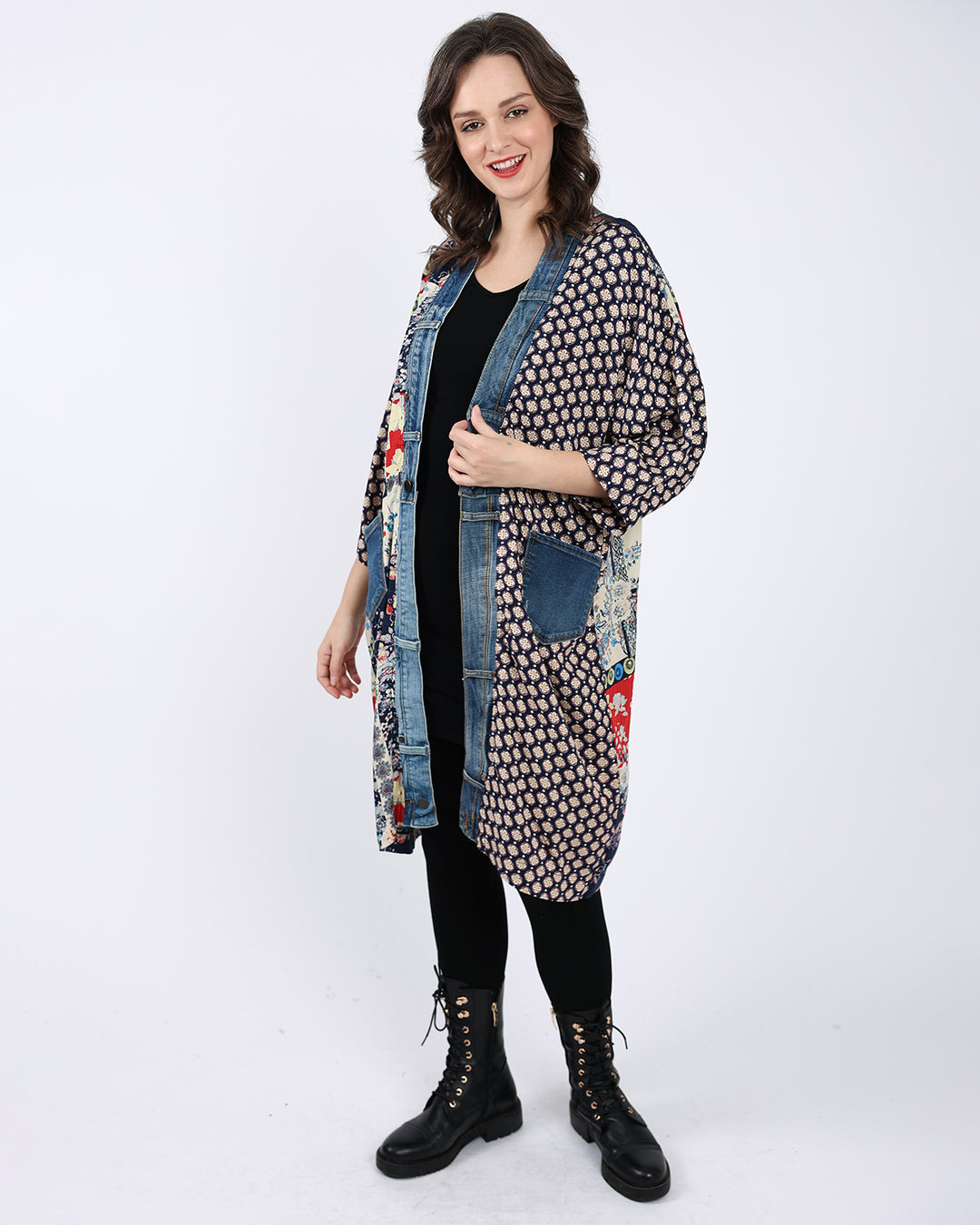 Janis Navy Mix Denim Detail Duster Cardigan