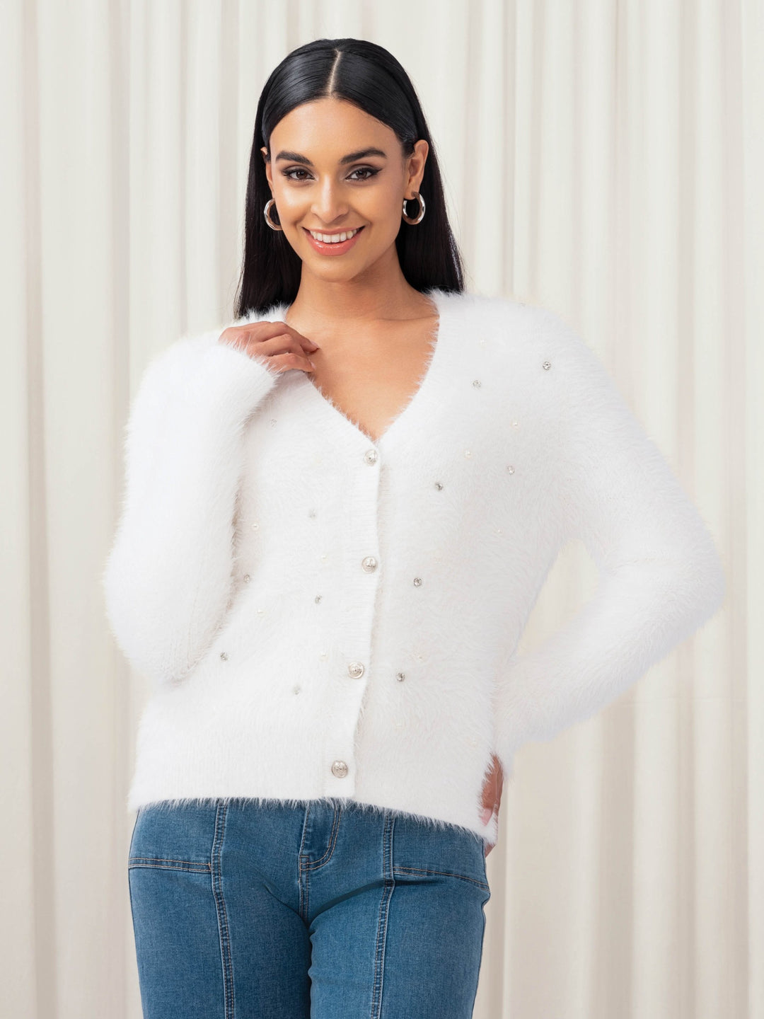 Jewelled Eyelash Off White Cardigan