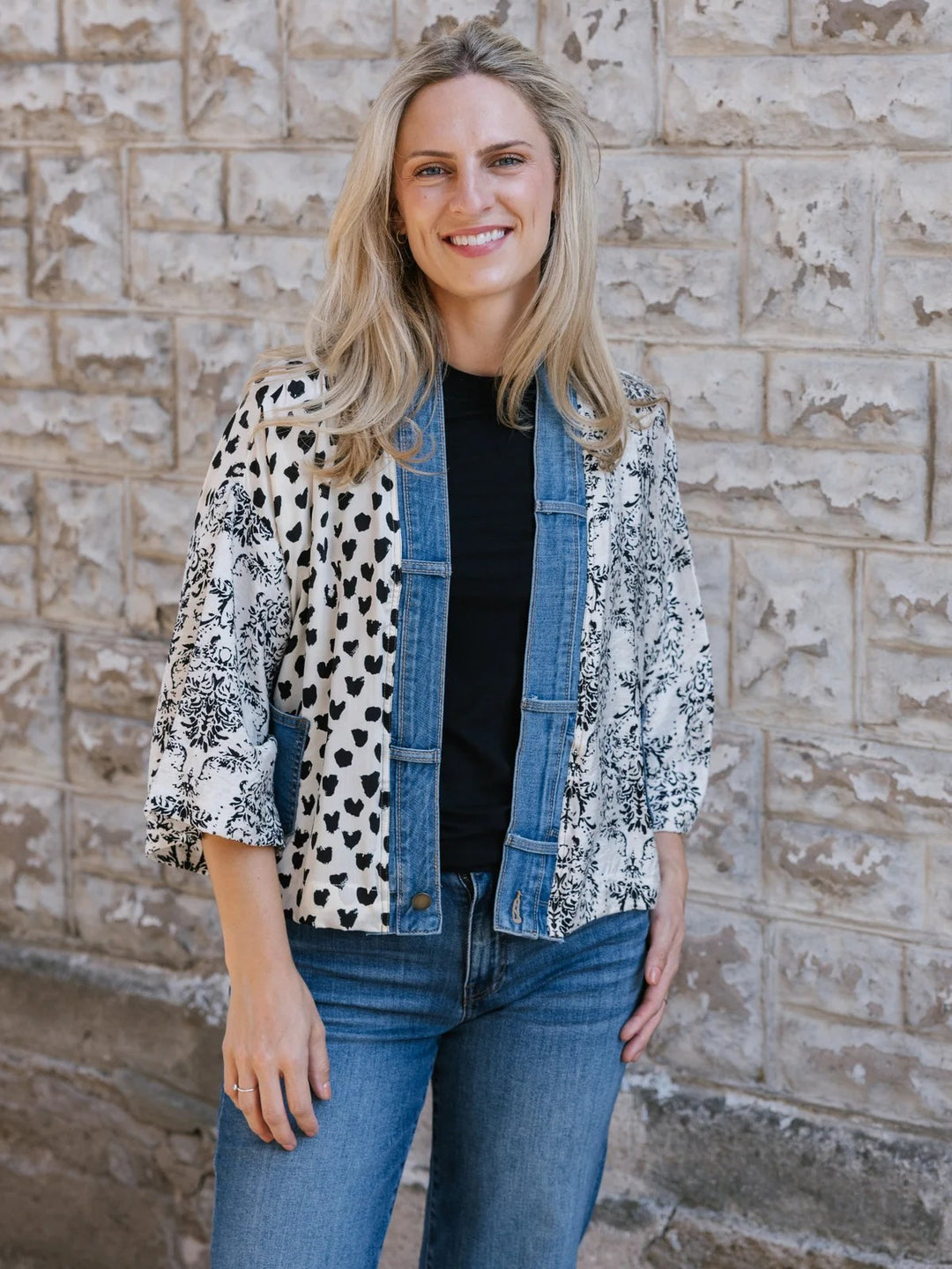 Karol Ivory Mix Denim Detail Short Cardigan