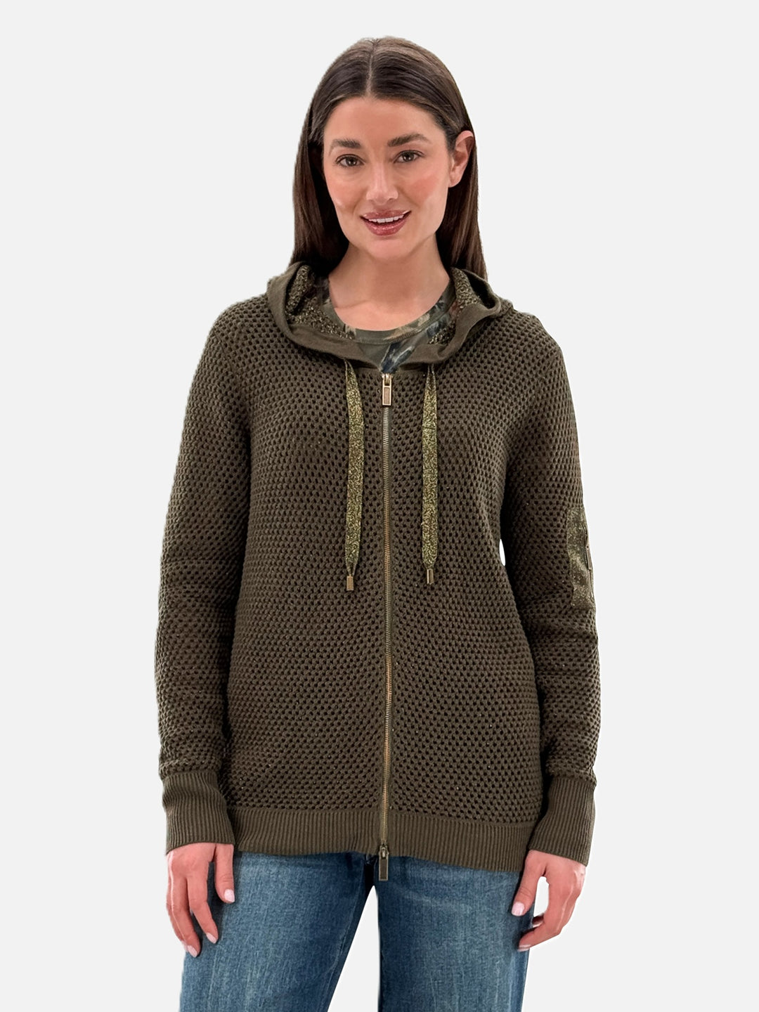 Loden Metallic Mesh Hooded Zip Cardigan