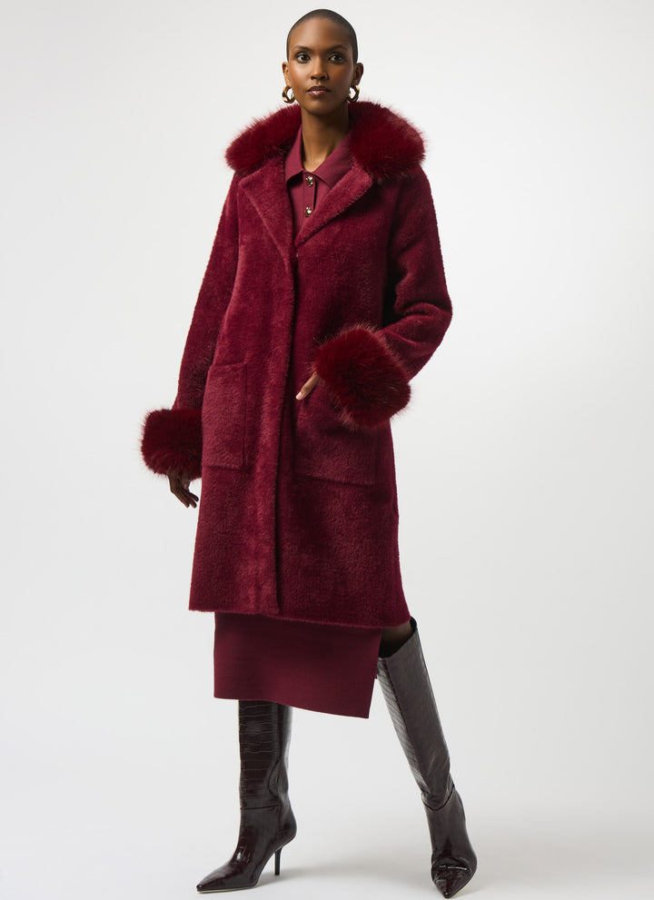 Merlot Feather Yarn Faux Fur Trim Sweater Coat
