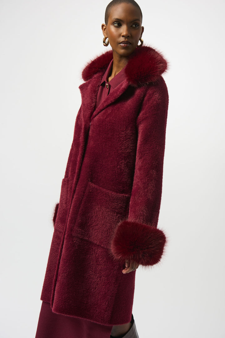 Merlot Feather Yarn Faux Fur Trim Sweater Coat