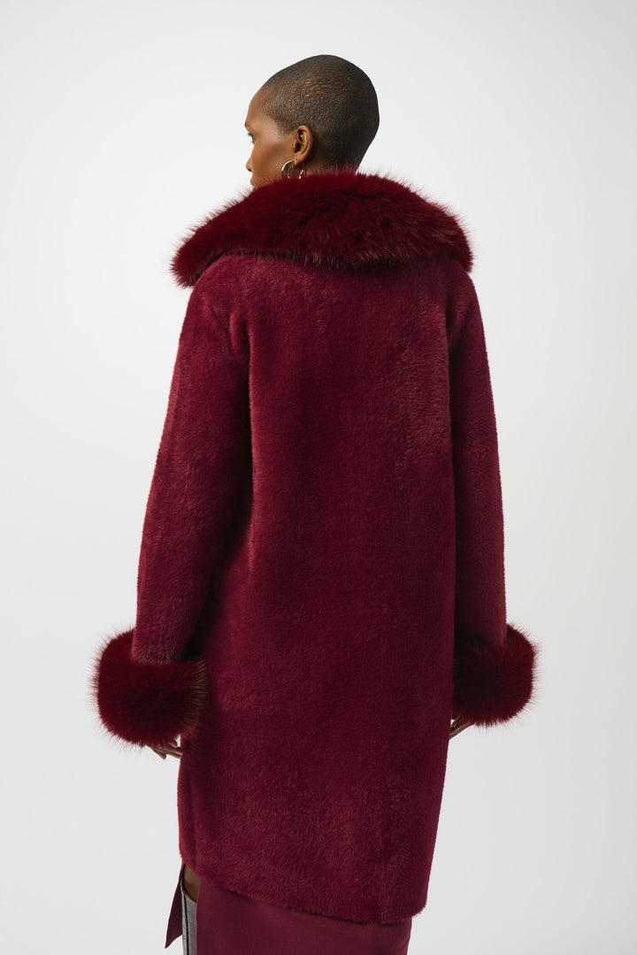 Merlot Feather Yarn Faux Fur Trim Sweater Coat