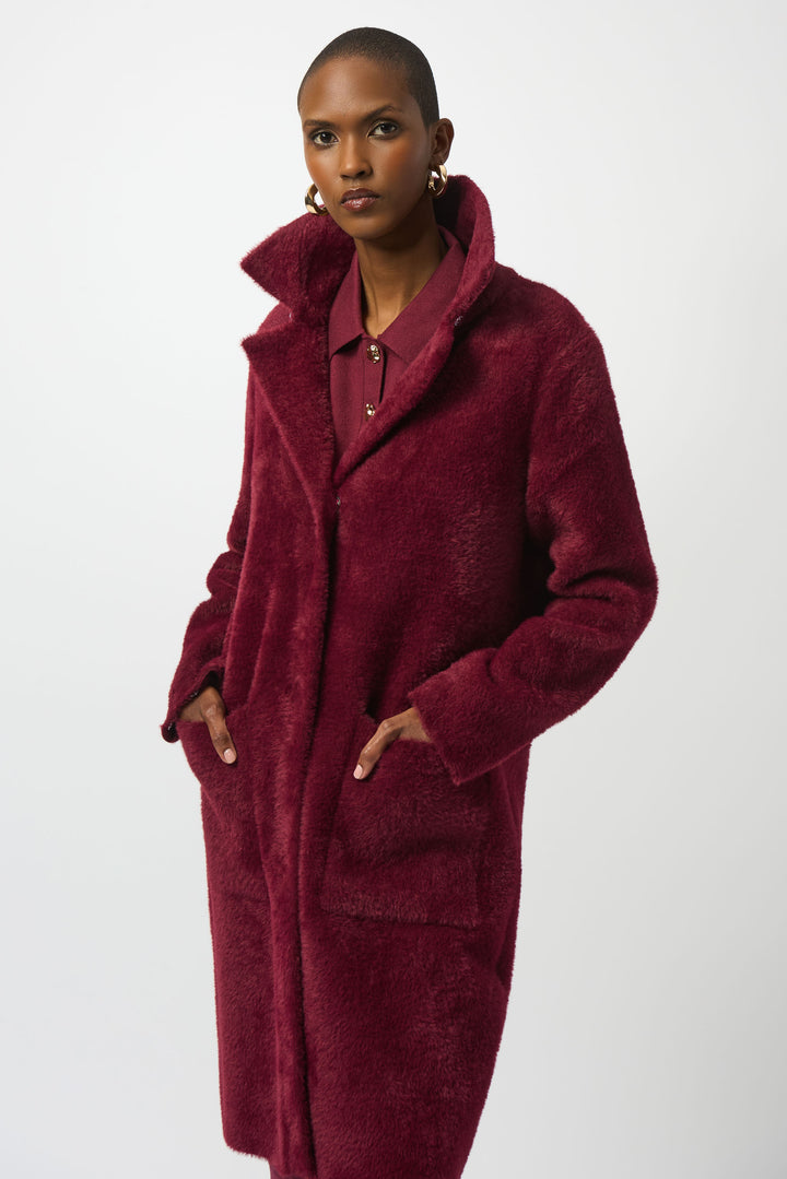 Merlot Feather Yarn Faux Fur Trim Sweater Coat