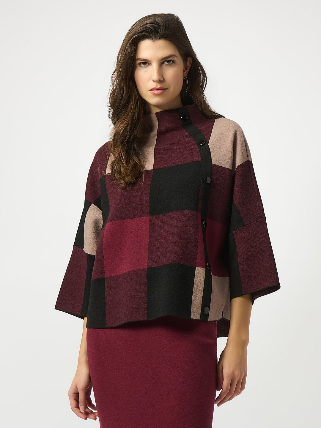 Merlot Plaid Jacquard Side Button Sweater