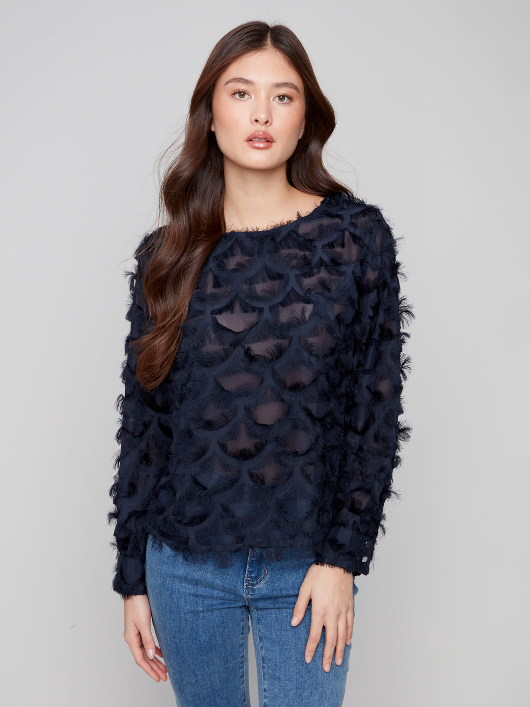Navy Fancy Chiffon Eyelash Blouse
