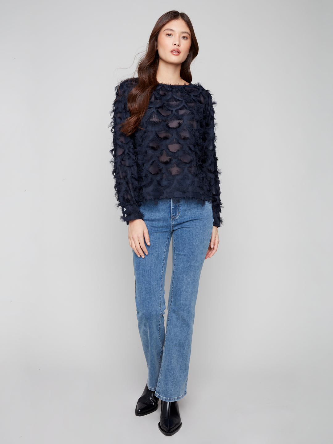 Navy Fancy Chiffon Eyelash Blouse